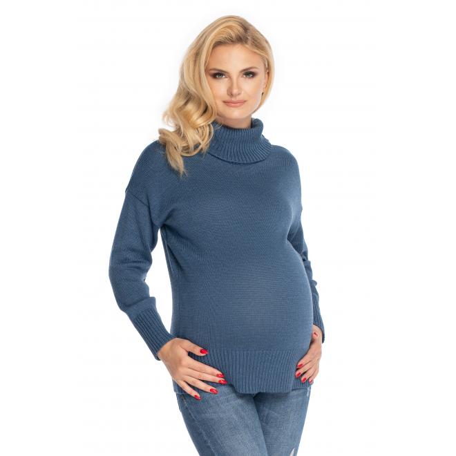 E-shop Modrý klasický tehotenský sveter s rolákom