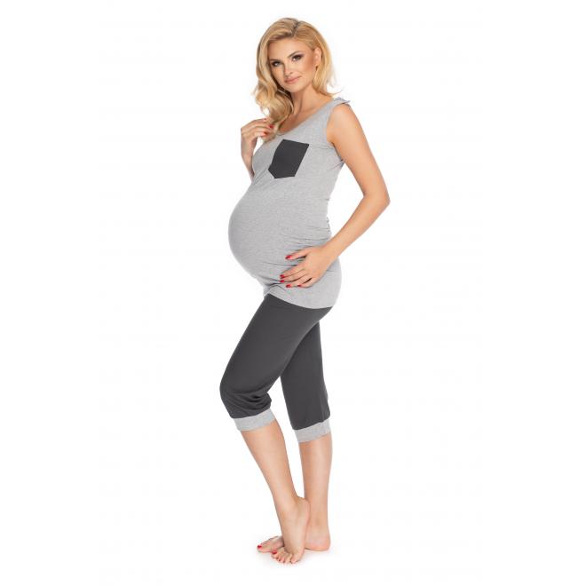 Tehotenské a dojčiace pyžamo s 3/4 nohavicami s brušným panelom a tričkom bez rukávov v sivej farbe