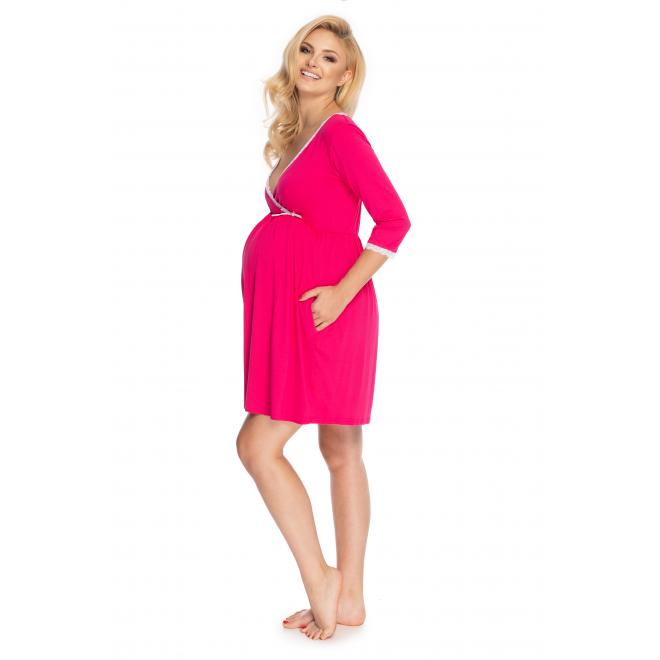 Dámska ružová tehotenská a dojčiaca nočná košeľa s 3/4 rukávom a ozdobnou čipkou