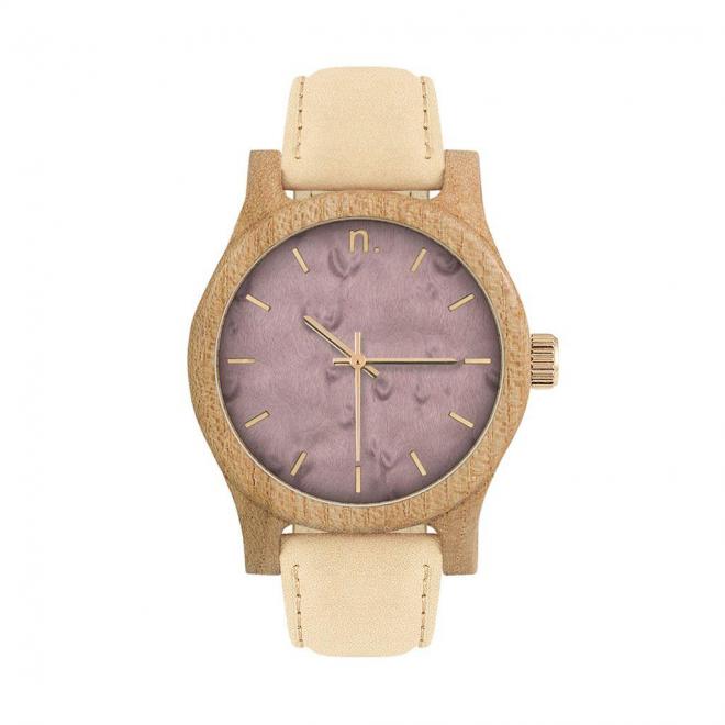 E-shop Béžovo-fialové drevené hodinky s koženým remienkom pre dámy