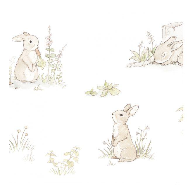 Biela klasická tapeta s malými králikmi
