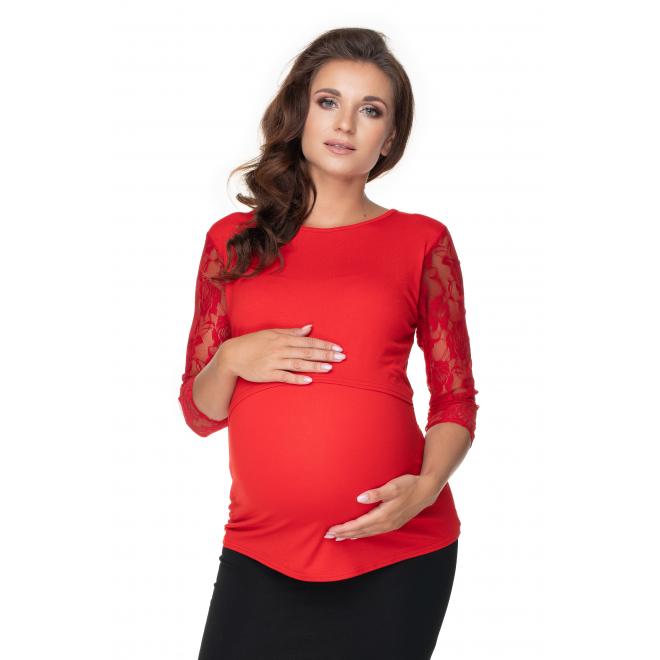 Tehotenská a dojčiaca blúzka s dlhým rukávom s čipkou v červenej farbe