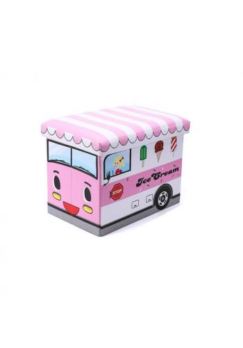 Kôš na hračky - taburetka v podobe zmrzlinového auta v ružovo-bielej farbe