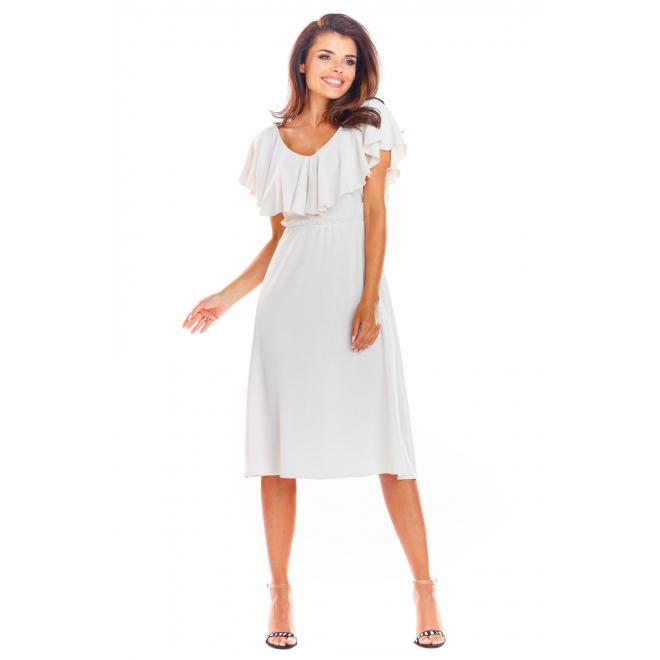 E-shop Béžové elegantné šaty s volánom pre dámy