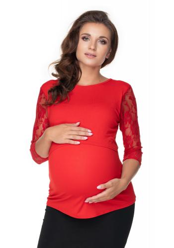 Tehotenská a dojčiaca blúzka s dlhým rukávom s čipkou v červenej farbe v akcii
