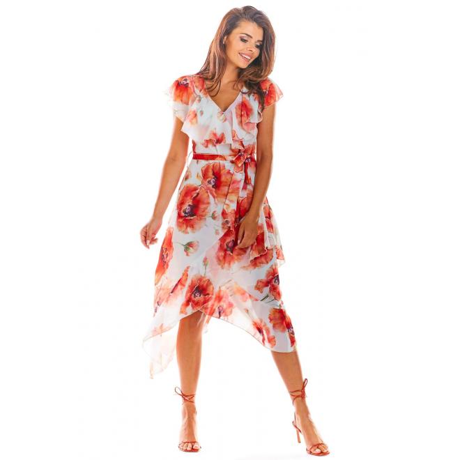 E-shop Dámske asymetrické šaty s červenými kvetmi v bielej farbe