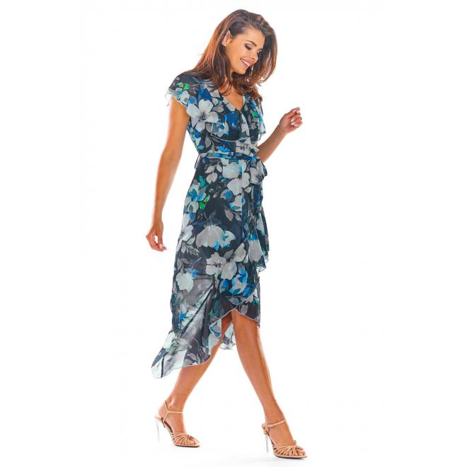 E-shop Asymetrické dámske šaty tmavomodrej farby s kvetmi
