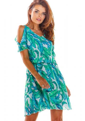 Letné dámske šaty zelenej farby s motívom listov