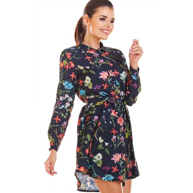 Košeľové dámske šaty tmavomodrej farby s kvetovanou potlačou