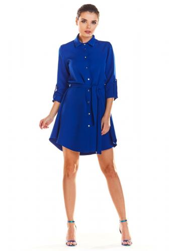 Košeľové dámske šaty modrej farby s viazaním v páse