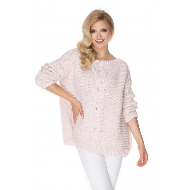 Módny sveter s ozdobným vrkočom ružovej farby