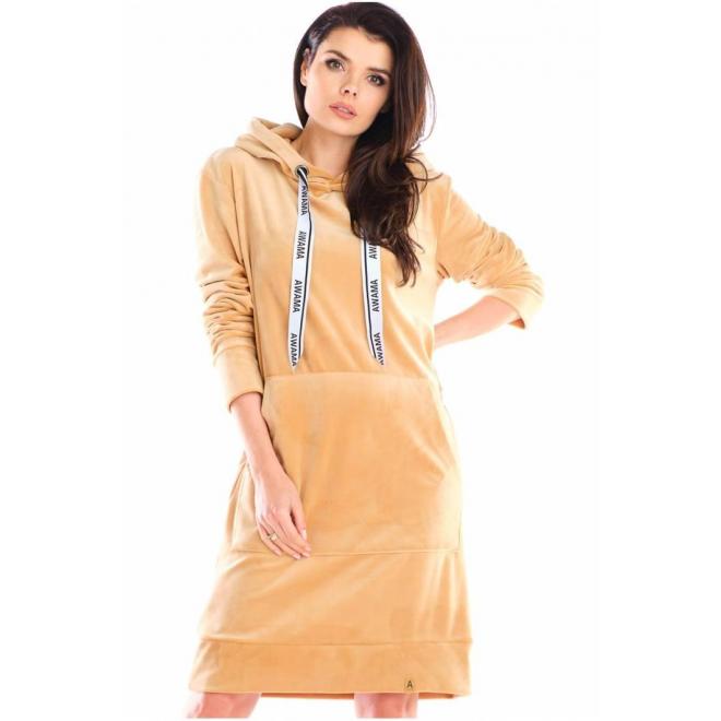 E-shop Béžové velúrové šaty s veľkým predným vreckom pre dámy