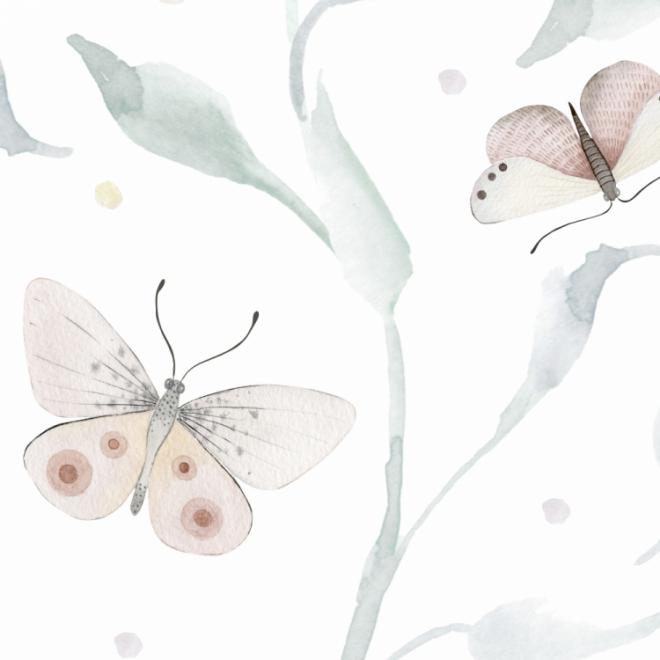 Biela tapeta s motívom motýľov