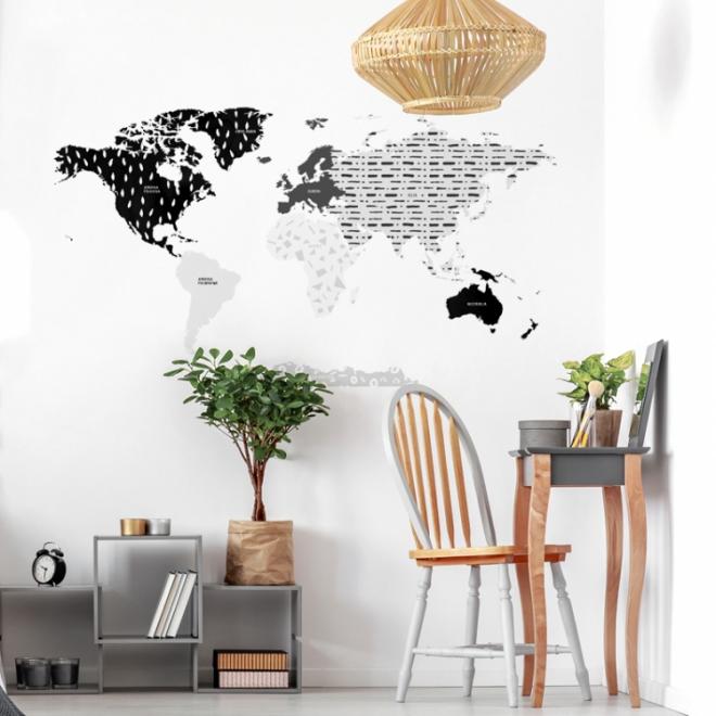 E-shop Čierno-sivá nálepka na stenu v podobe mapy sveta