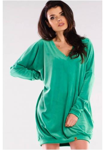 Velúrové voľné dámske šaty zelenej farby s dlhým rukávom