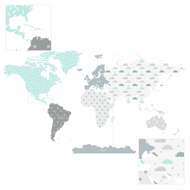 Detská sada nálepiek v podobe mapy sveta s motívom modrých mráčikov