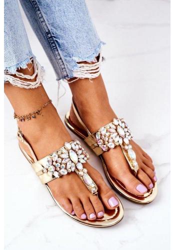 Trendy letné sandále zdobené kryštálmi v zlatej farbe