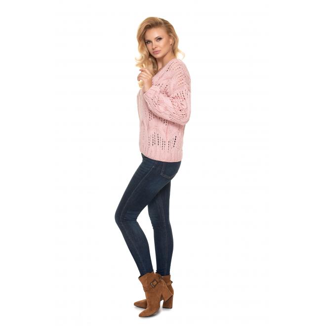 Dámsky ažúrový oversize sveter s véčkovým výstrihom v ružovej farbe
