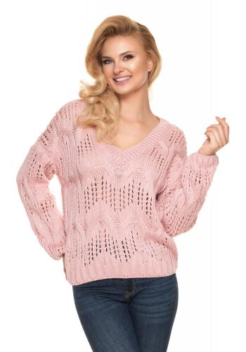 Dámsky ažúrový oversize sveter s véčkovým výstrihom v ružovej farbe