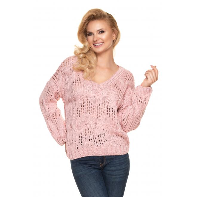 E-shop Dámsky ažúrový oversize sveter s véčkovým výstrihom v ružovej farbe