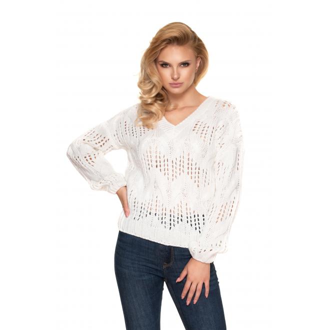 E-shop Krémový ažúrový oversize sveter s véčkovým výstrihom pre dámy