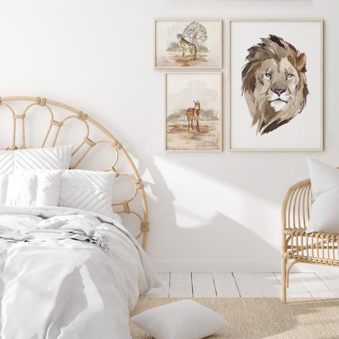 Plagát s portrétom leva na bielom pozadí