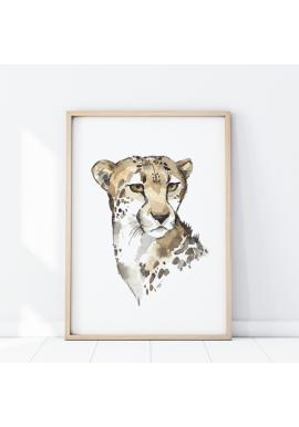 Safari plagát s portrétom geparda na bielom pozadí