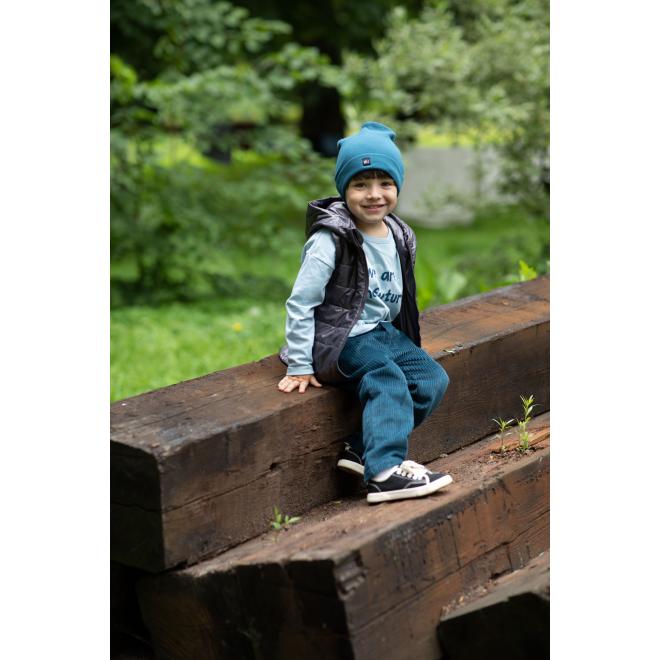 Menčestrové nohavice pre chlapca v tyrkysovej farbe