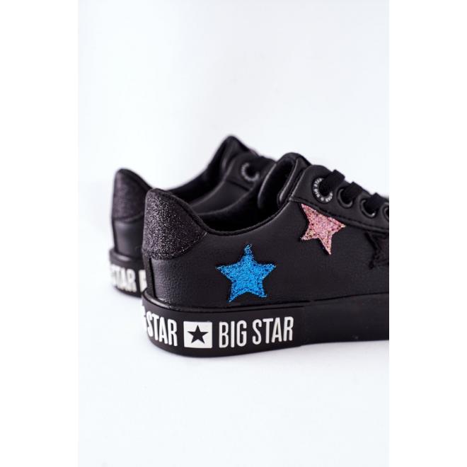 Dievčenské kožené tramky Big Star s hviezdami v čiernej farbe