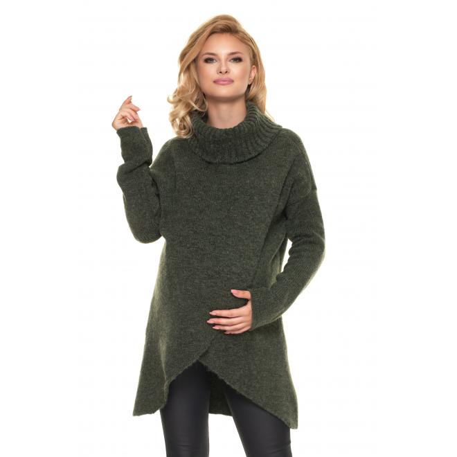 Tehotenský asymetrický sveter s rolákom v kaki farbe