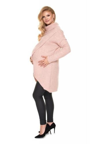 Ružový tehotenský asymetrický sveter s rolákom