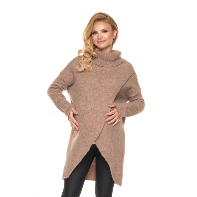 E-shop Asymetrický tehotenský sveter s rolákom v béžovej farbe