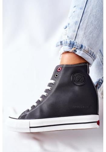 Dámske čierne kožené Sneakersy na klínovom podpätku