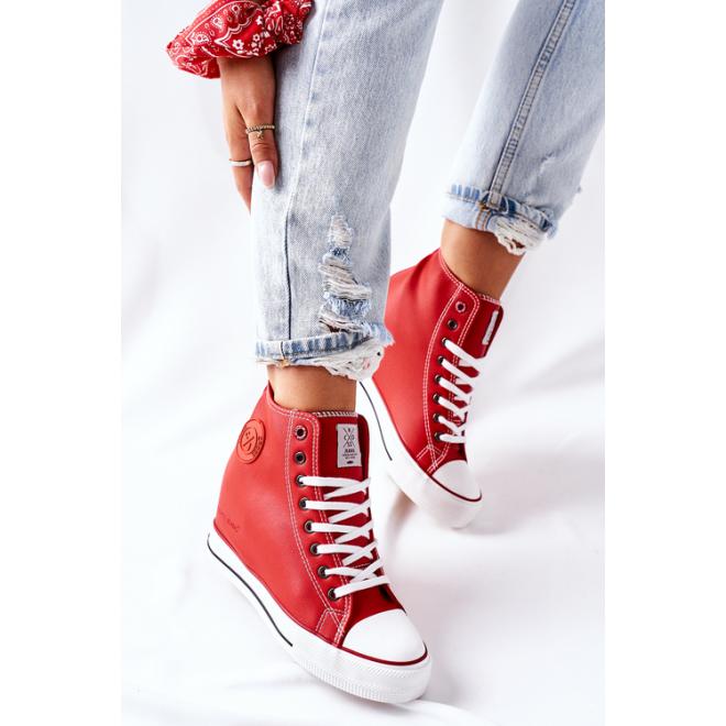 Červené kožené Sneakersy na klínovom podpätku pre dámy